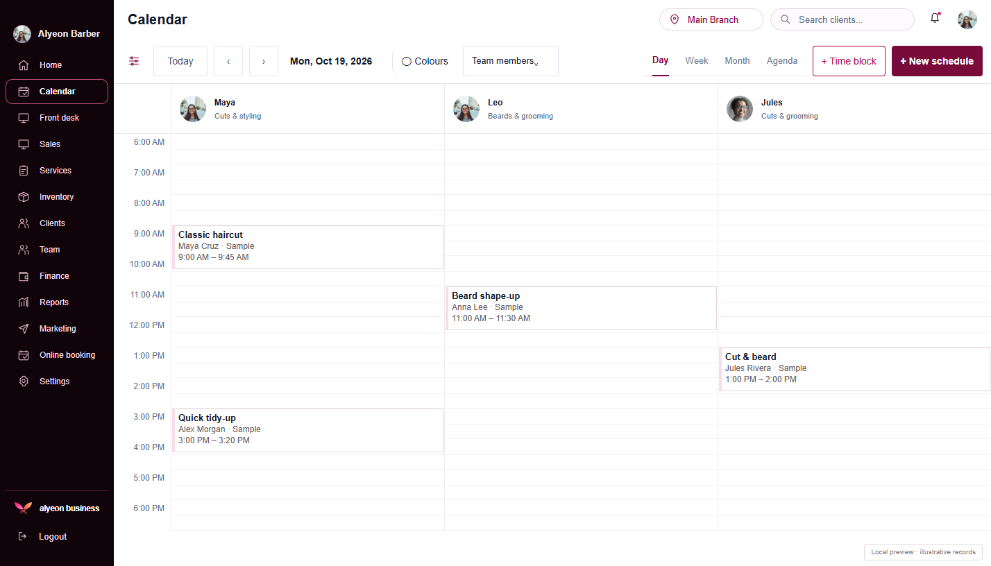 Barbershops · Calendar & scheduling — illustrative preview