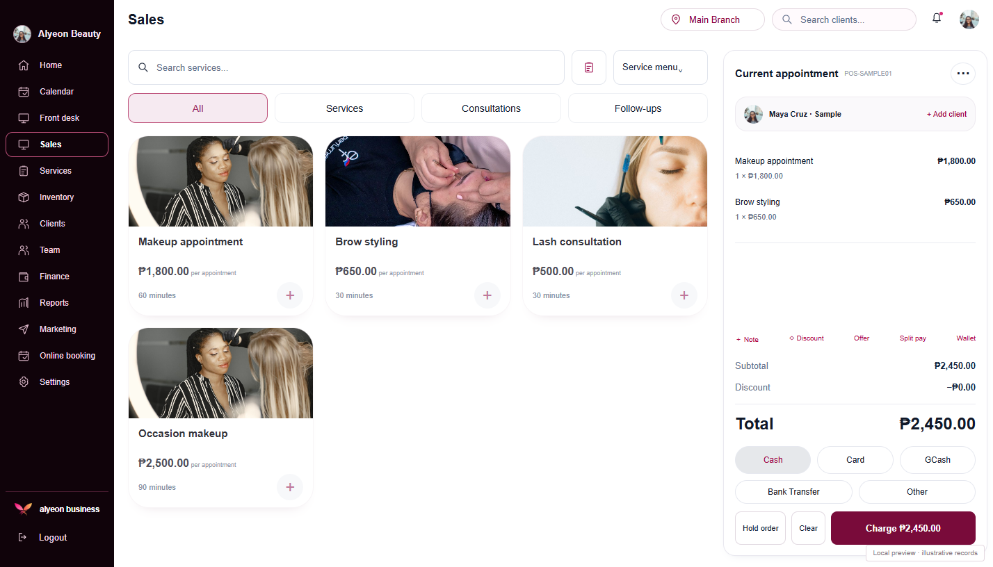 Beauty Studios · Payments & checkout — illustrative preview