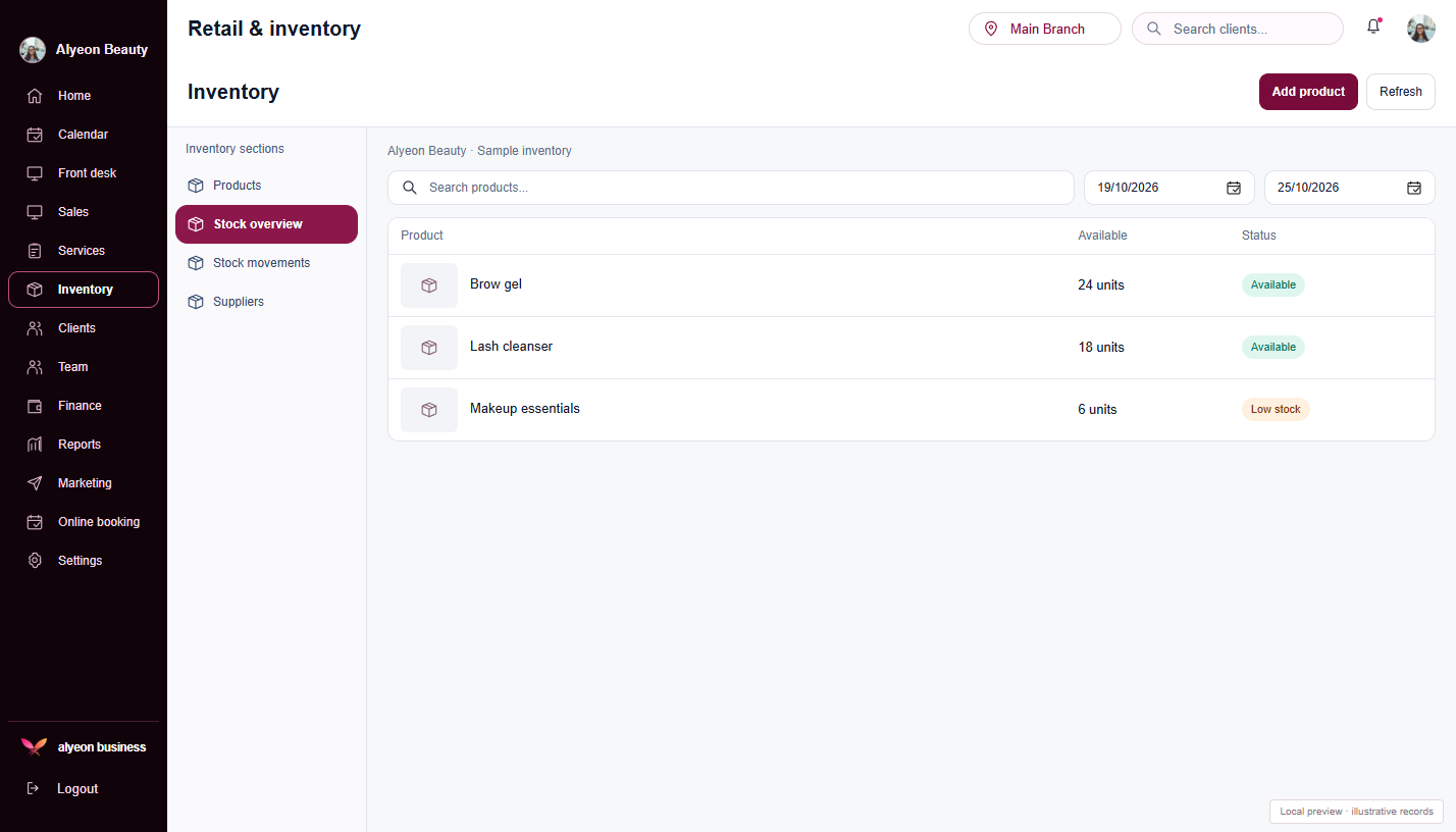 Beauty Studios · Retail & inventory — illustrative preview