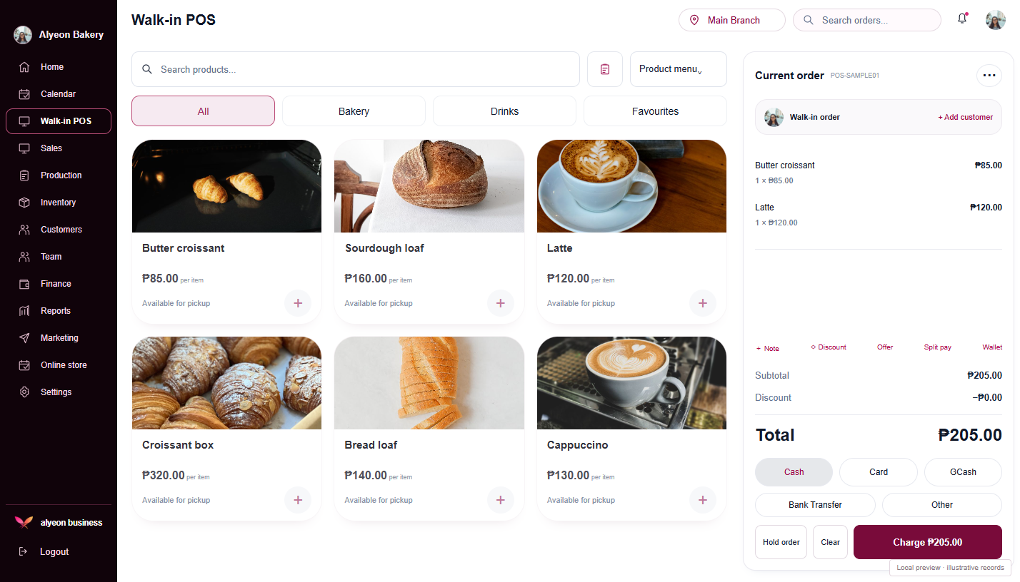 Cafés & Bakeries · Point of sale — illustrative preview