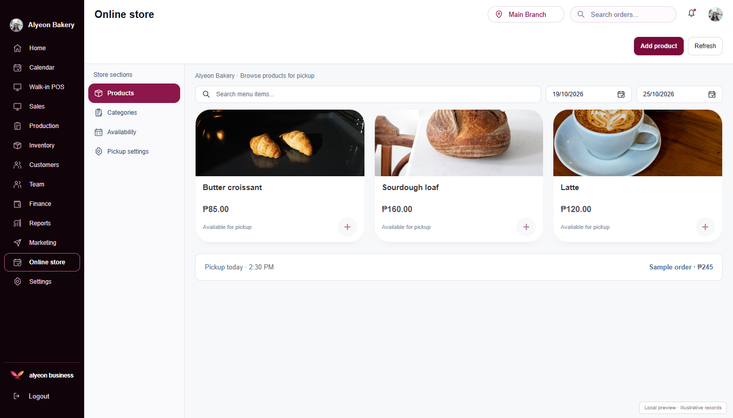 Cafés & Bakeries · Online store — illustrative preview