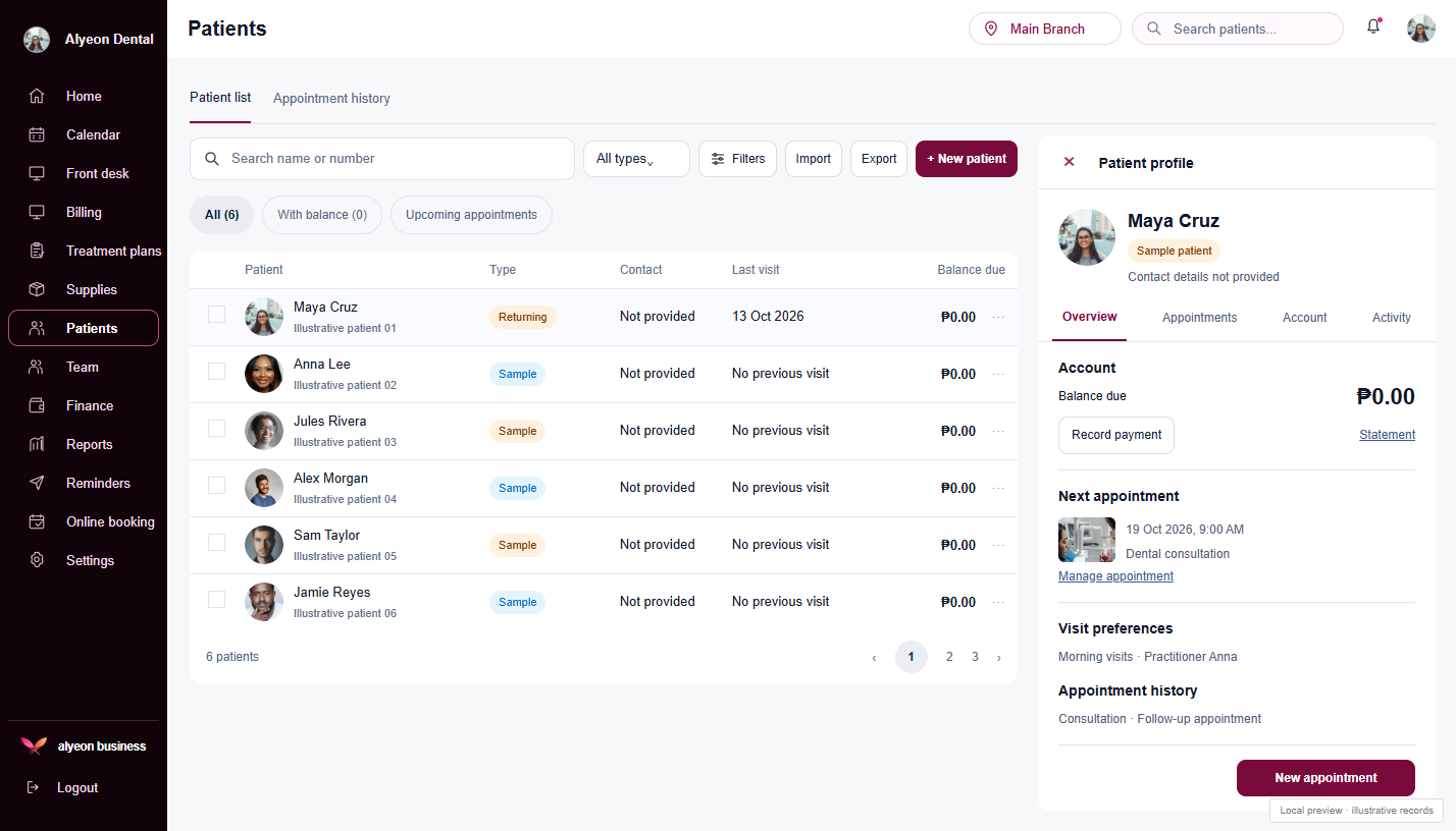 Dental Clinics · Patient profiles — illustrative preview