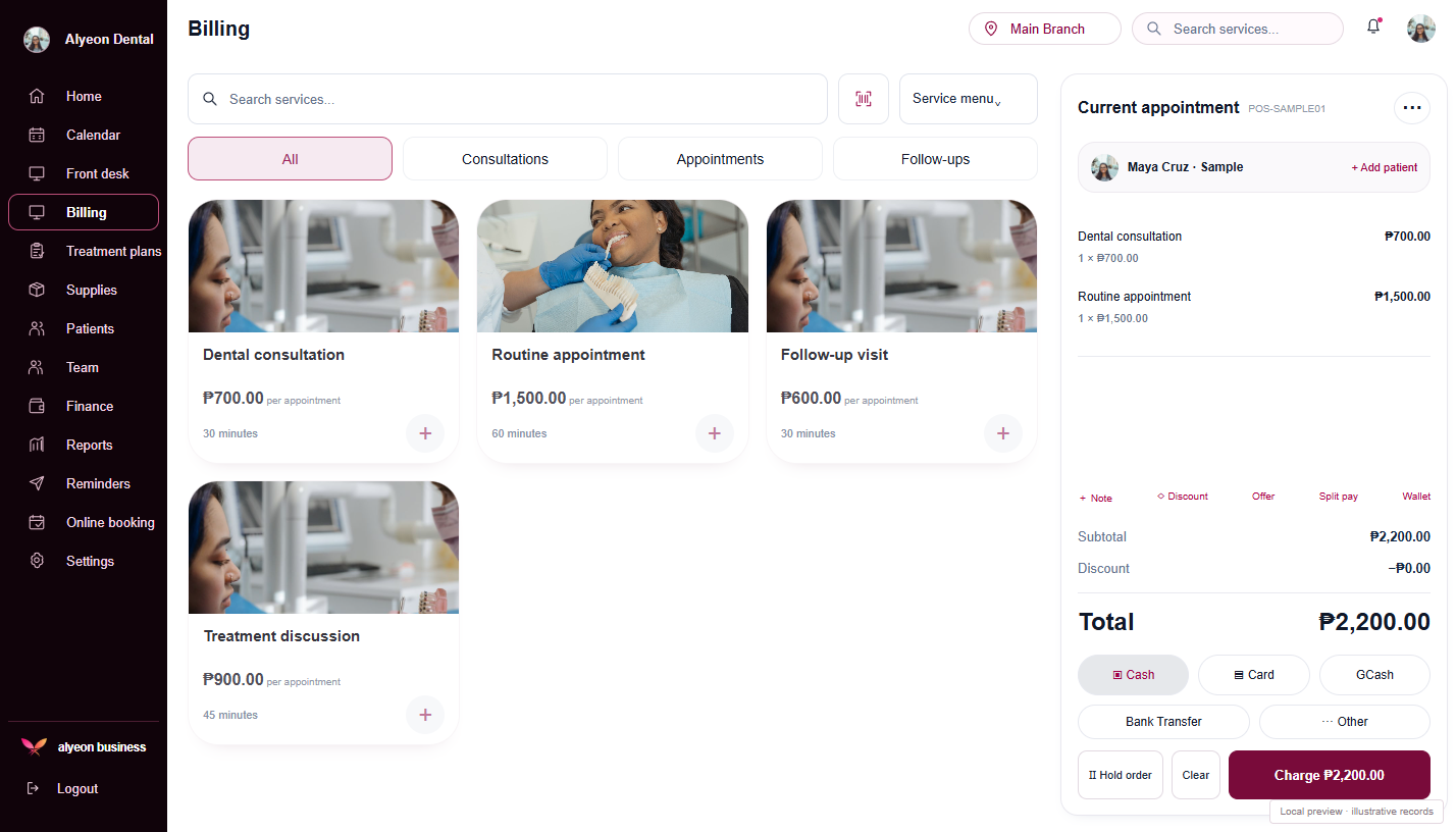 Dental Clinics · Payments & checkout — illustrative preview