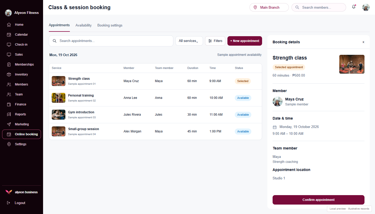 Fitness Centers · Class & session booking — illustrative preview