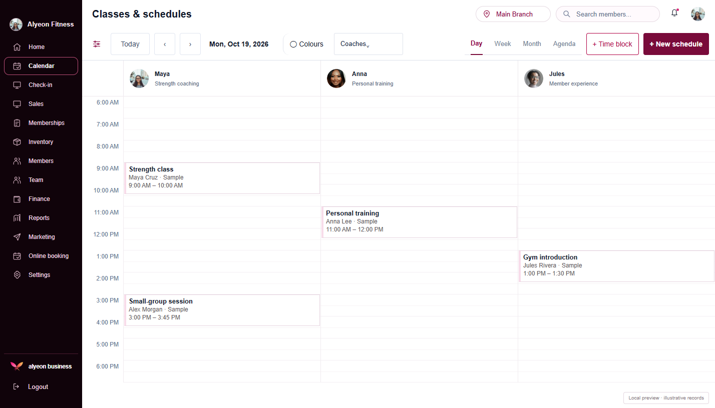 Fitness Centers · Classes & schedules — illustrative preview