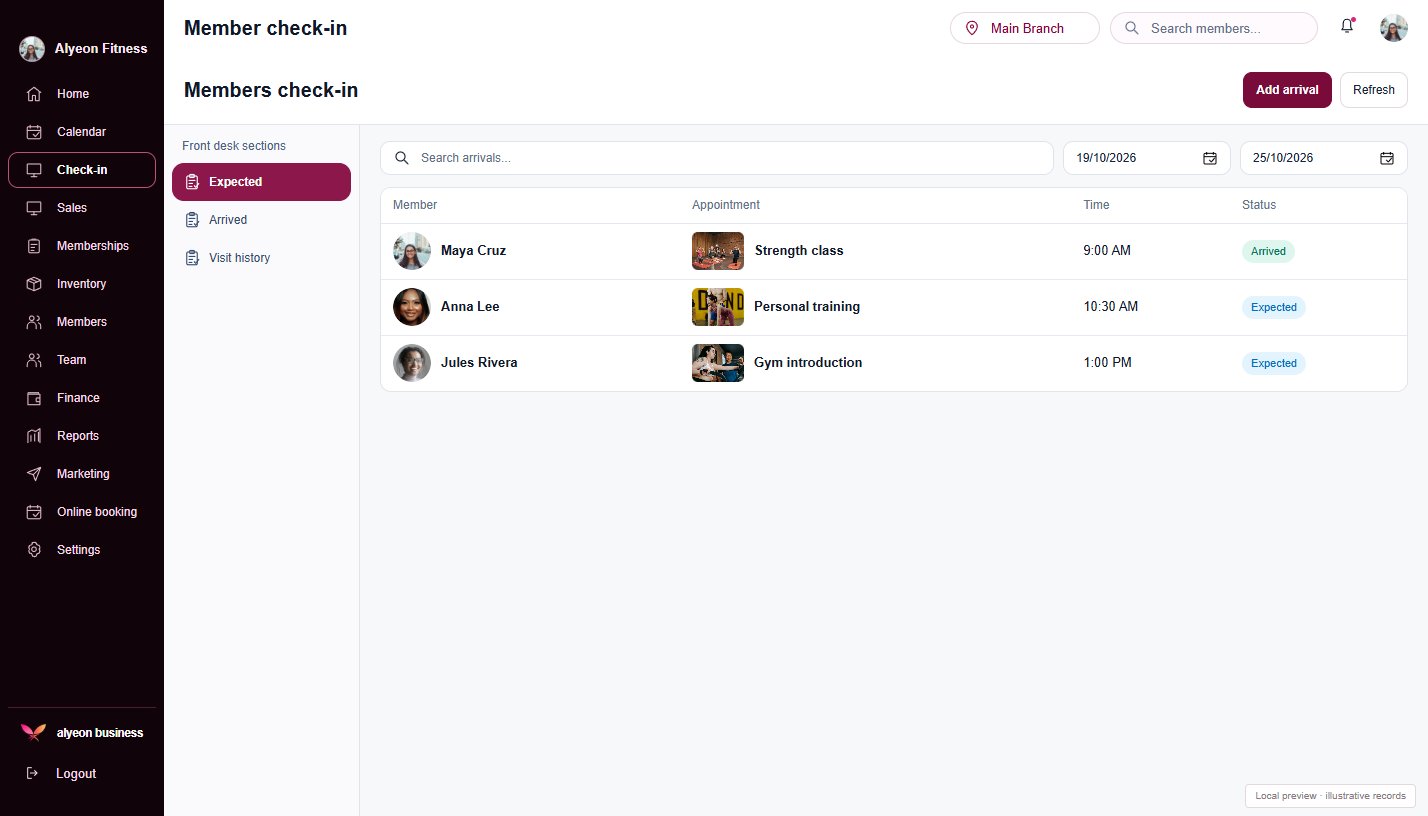 Fitness Centers · Client check-in — illustrative preview