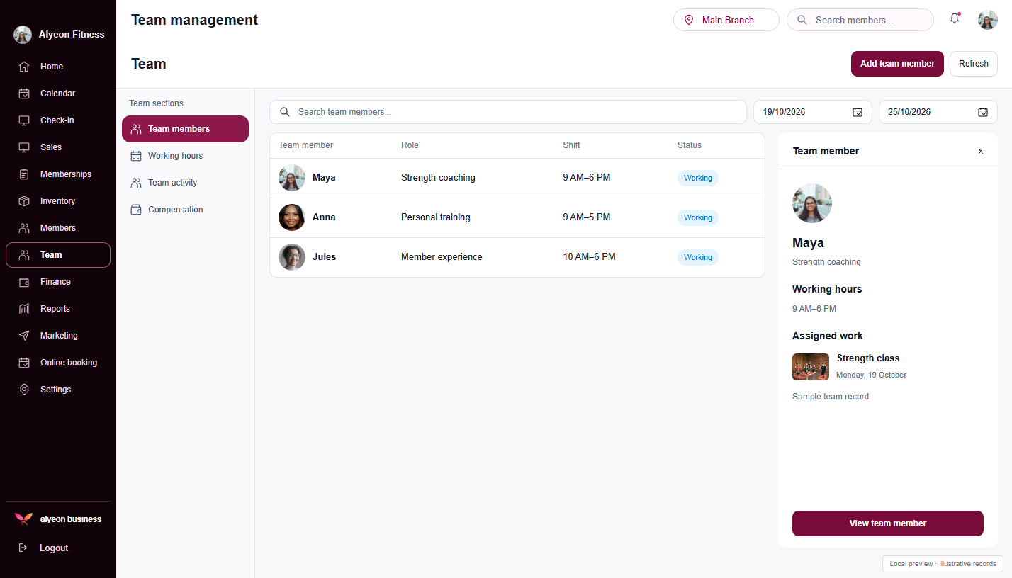 Fitness Centers · Team management — illustrative preview