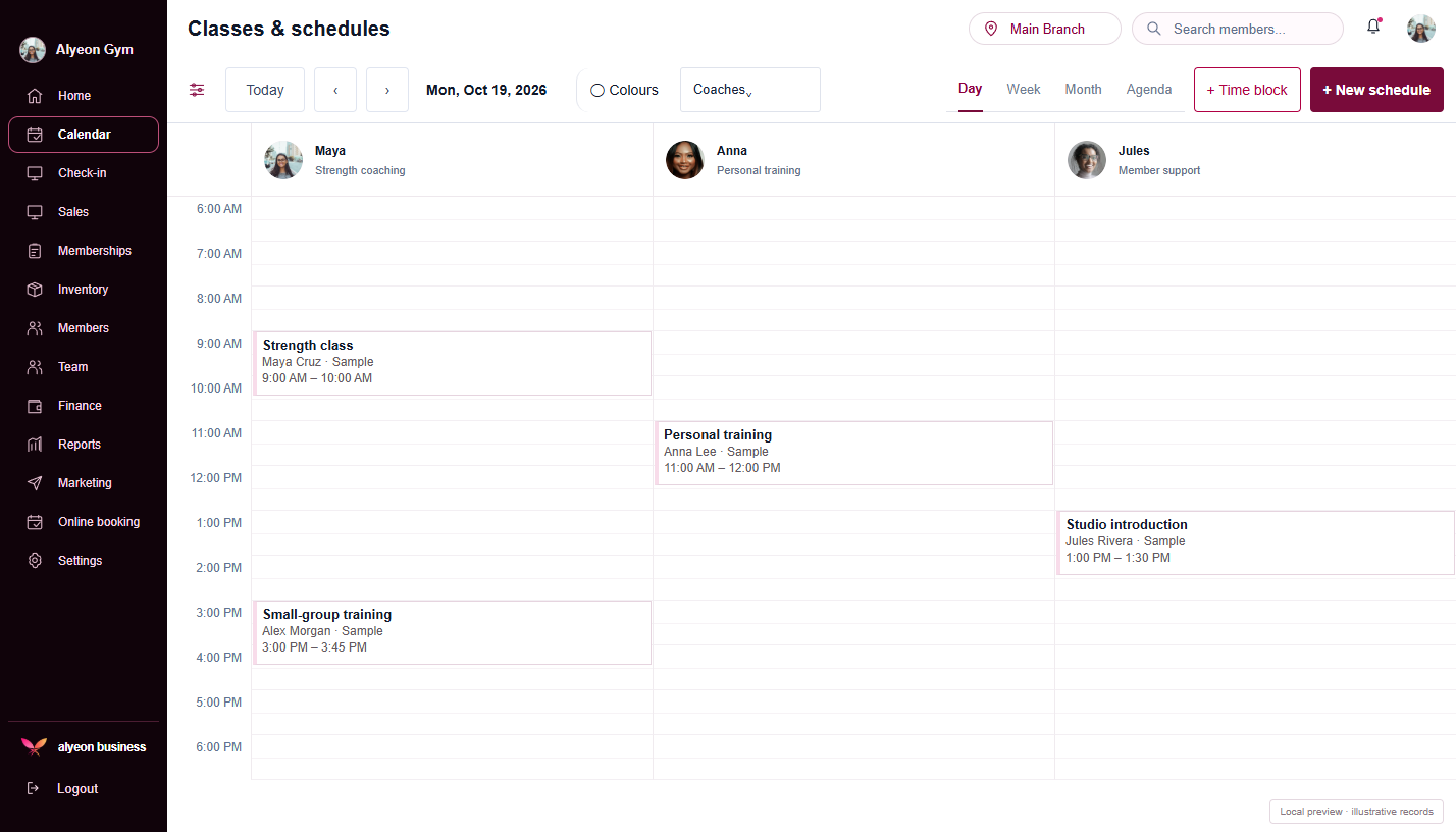 Gym Studio · Classes & schedules — illustrative preview