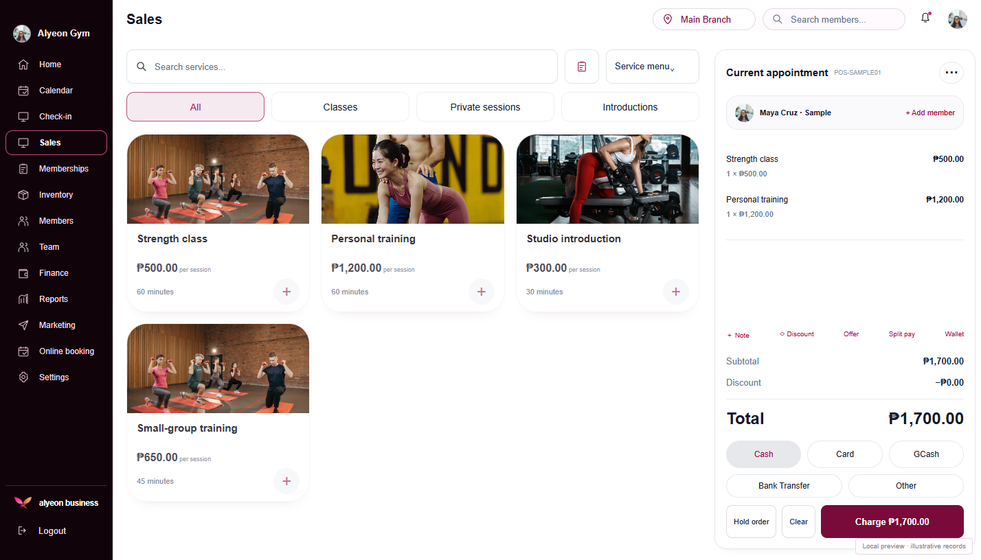 Gym Studio · Payments & checkout — illustrative preview