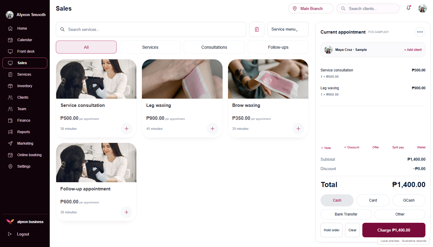 Hair Removal · Payments & checkout — illustrative preview