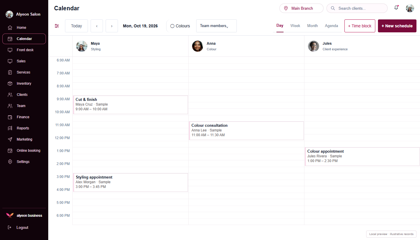 Hair Salons · Calendar & scheduling — illustrative preview