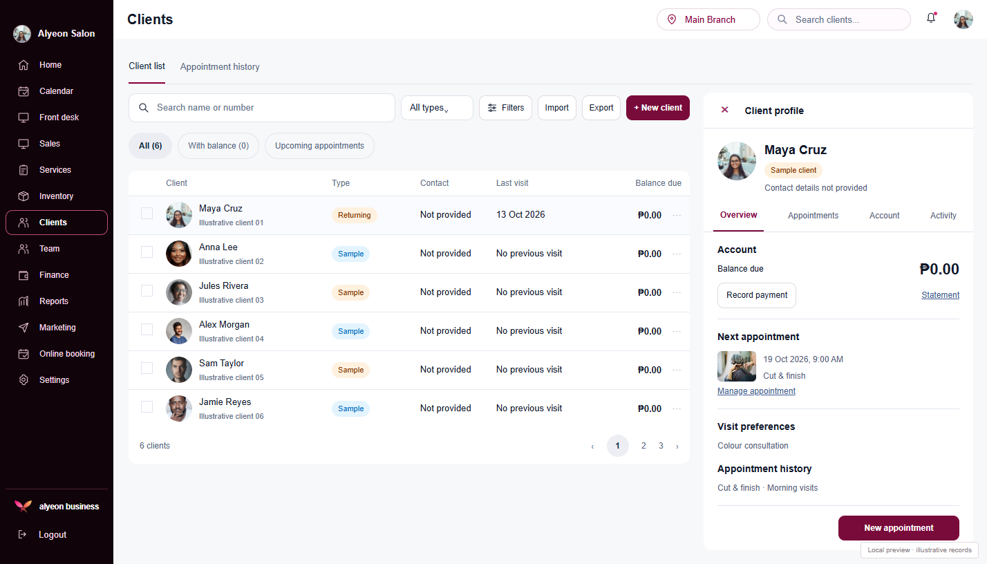 Hair Salons · Client profiles — illustrative preview