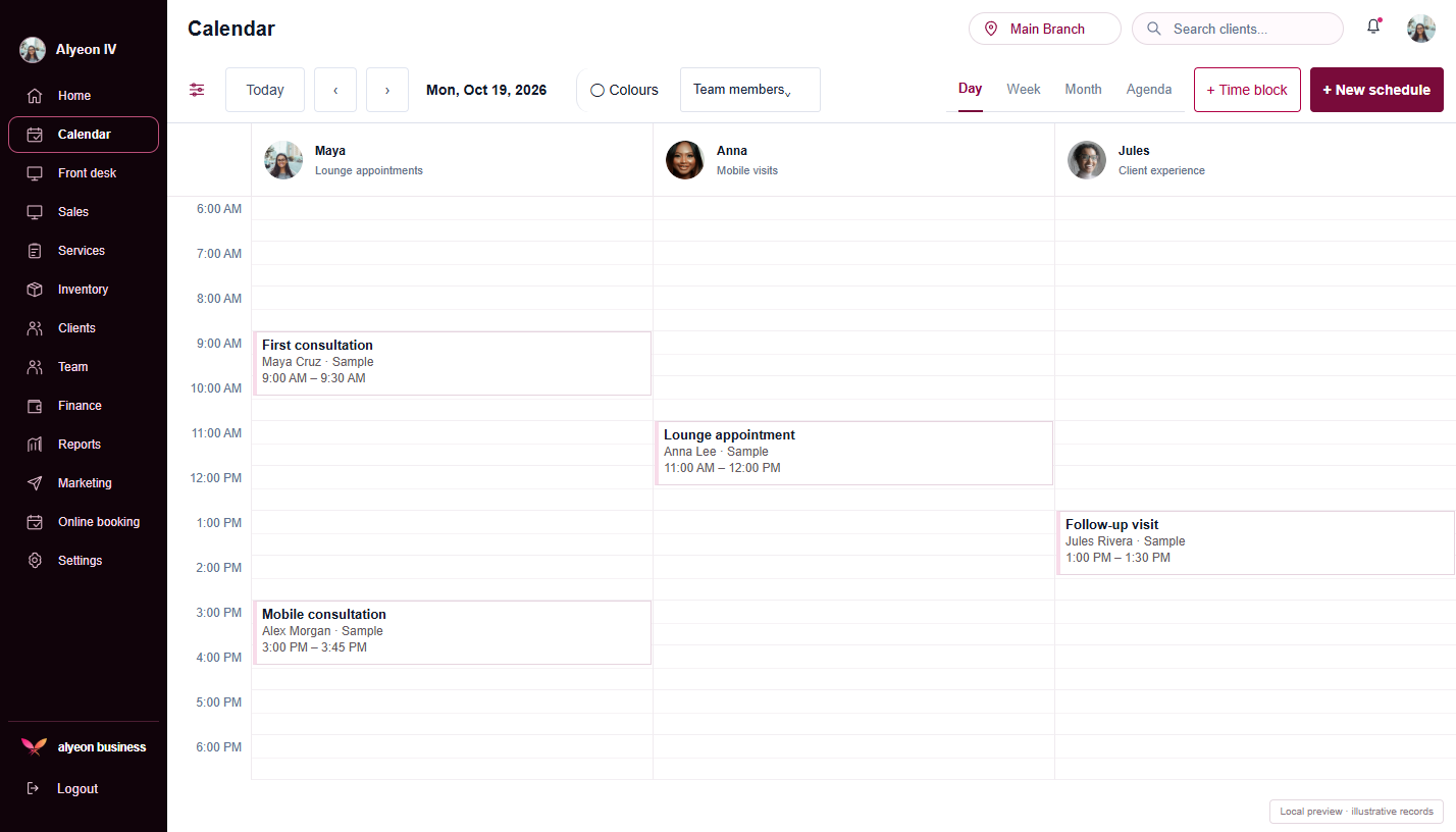 IV Therapy · Calendar & scheduling — illustrative preview