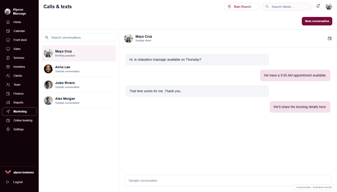 Massage Studios · Calls & texts — illustrative preview