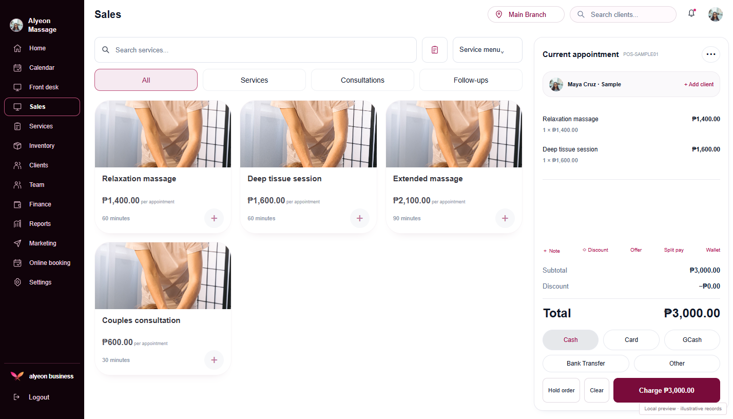 Massage Studios · Payments & checkout — illustrative preview