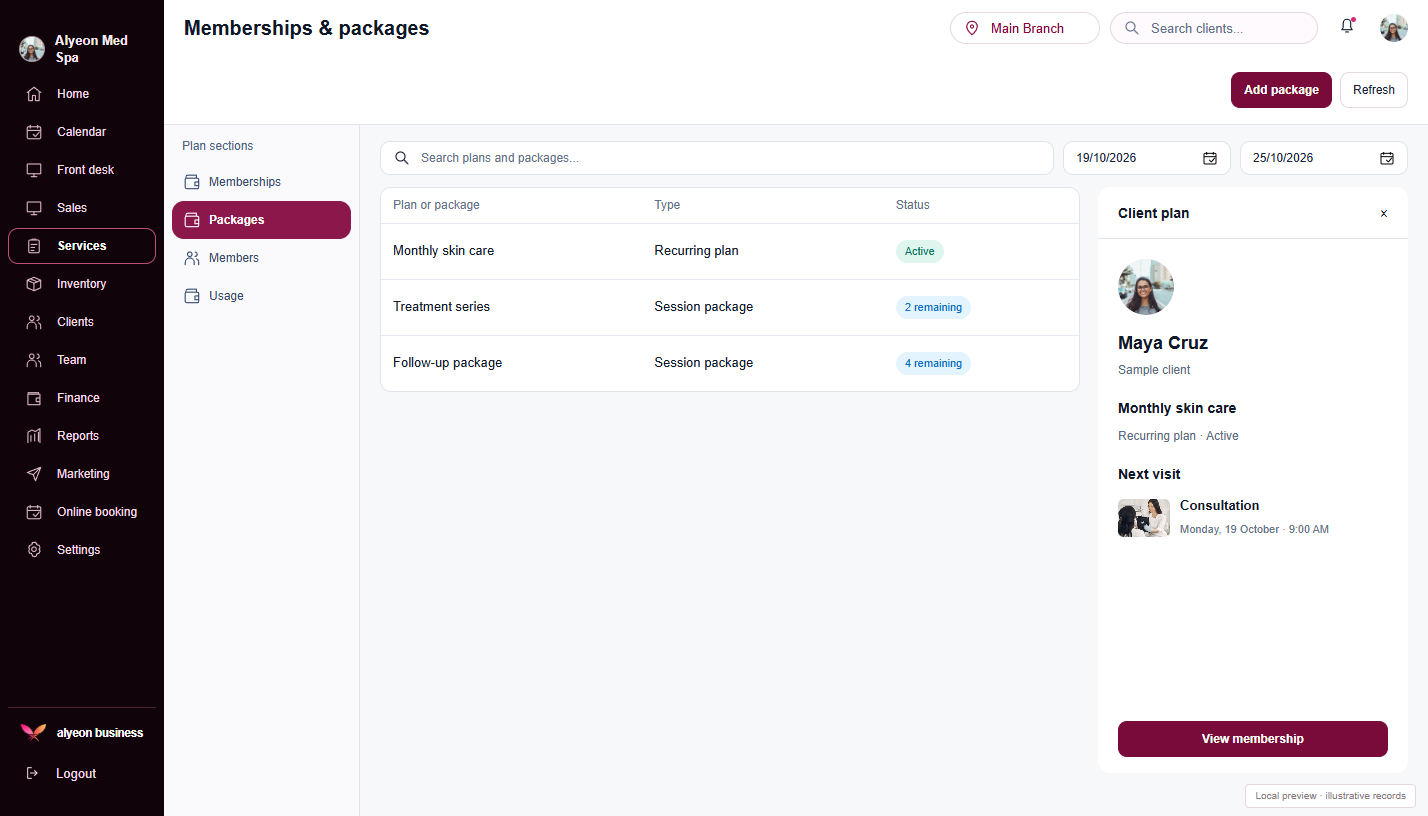 Med Spas · Memberships & packages — illustrative preview