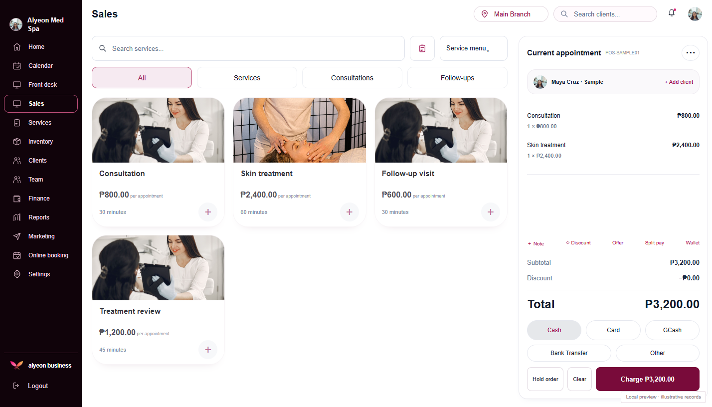 Med Spas · Payments & checkout — illustrative preview