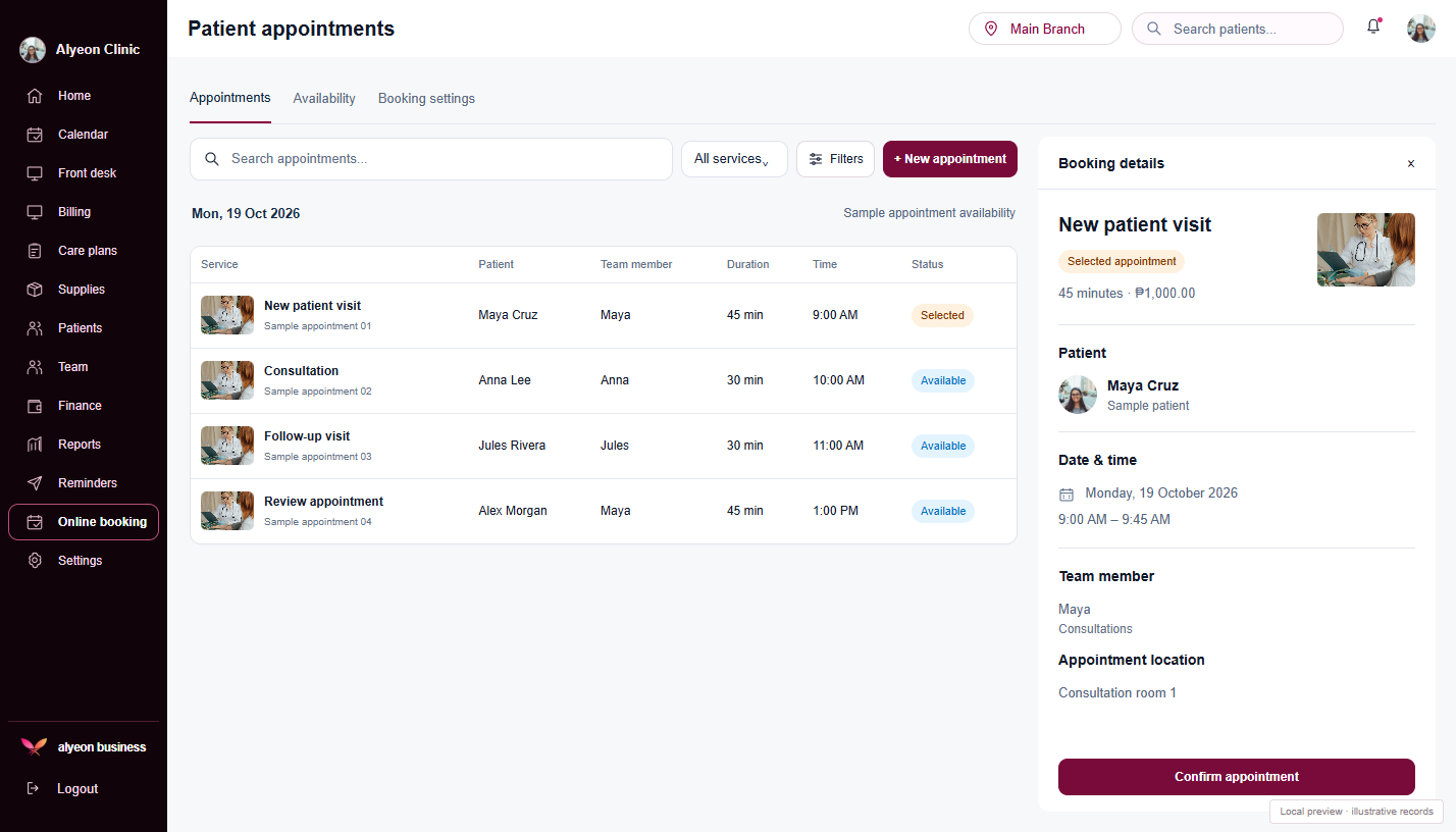 Medical Clinics · Patient appointments — illustrative preview