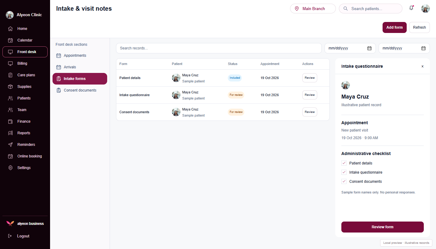 Medical Clinics · Intake & visit notes — illustrative preview