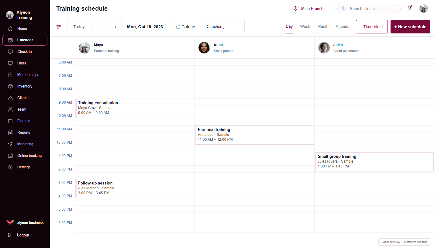 Personal Trainers · Training schedule — illustrative preview