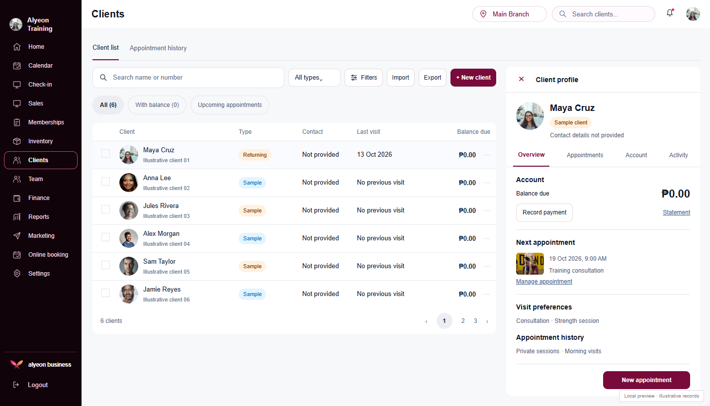 Personal Trainers · Client profiles — illustrative preview