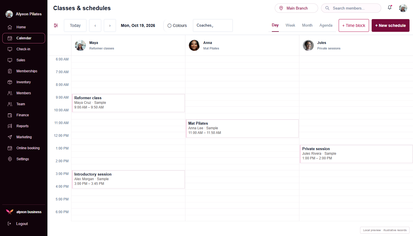 Pilates Studios · Classes & schedules — illustrative preview