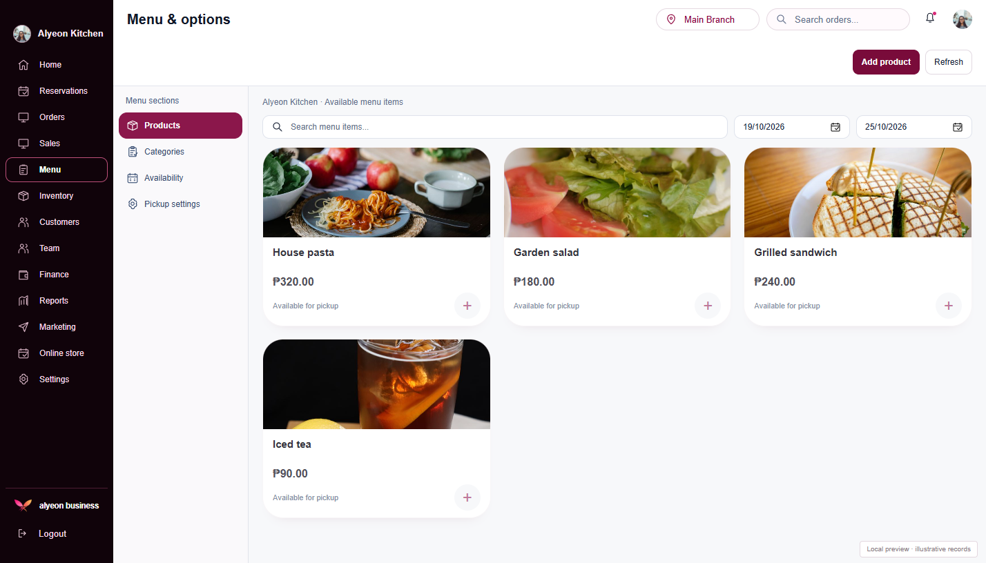 Restaurants · Menu & catalogue — illustrative preview