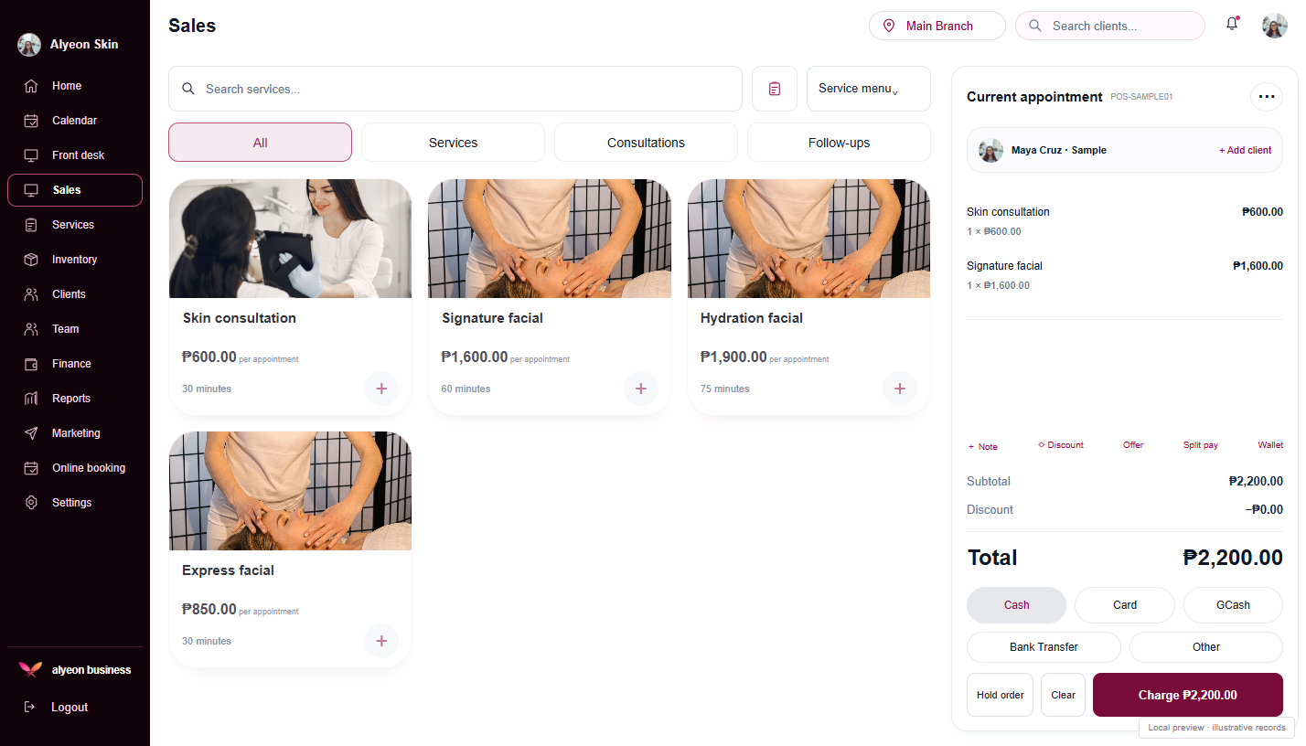 Skincare Studios · Payments & checkout — illustrative preview