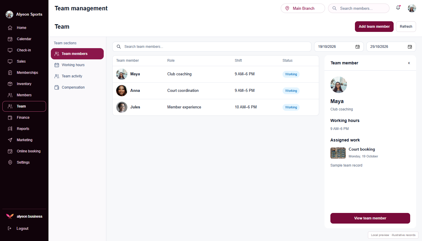 Sports Clubs · Team management — illustrative preview