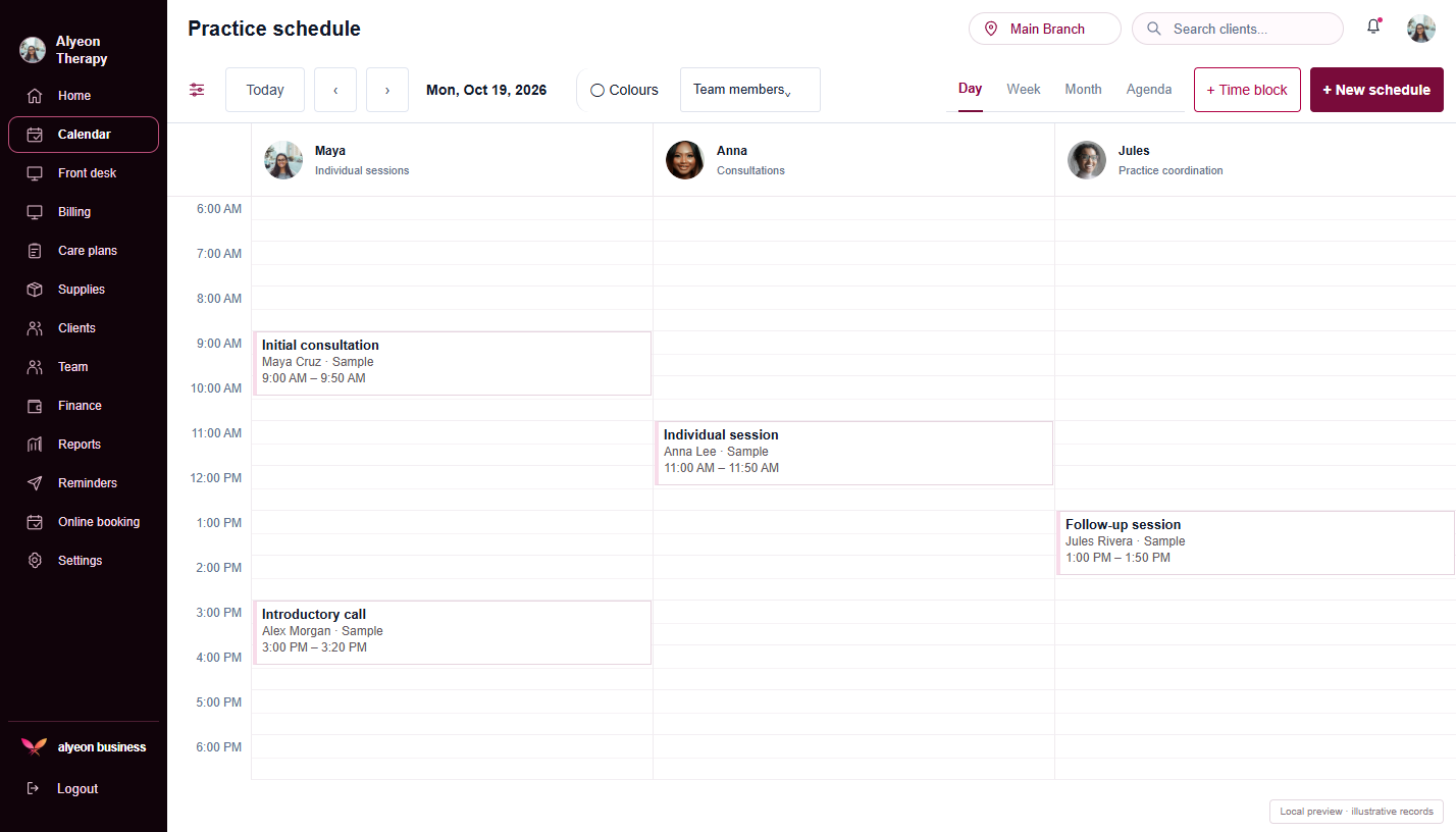 Therapy Practices · Practice schedule — illustrative preview