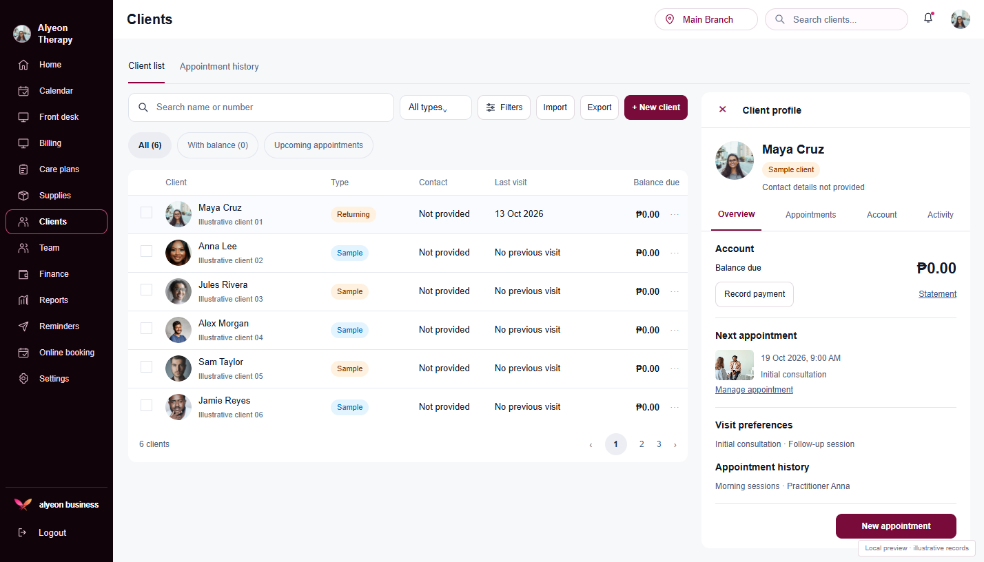 Therapy Practices · Client profiles — illustrative preview