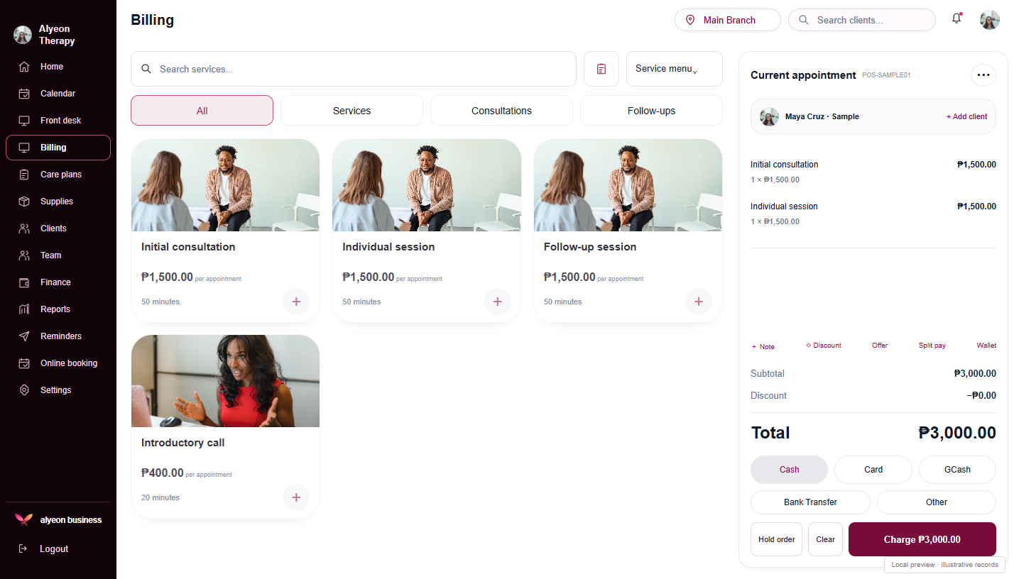 Therapy Practices · Payments & checkout — illustrative preview