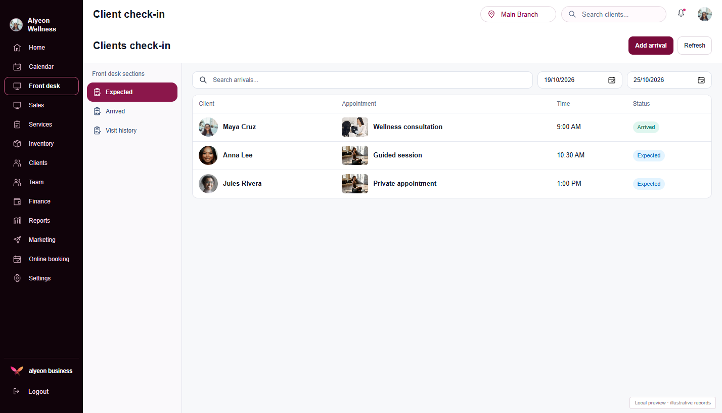 Wellness Centers · Client check-in — illustrative preview